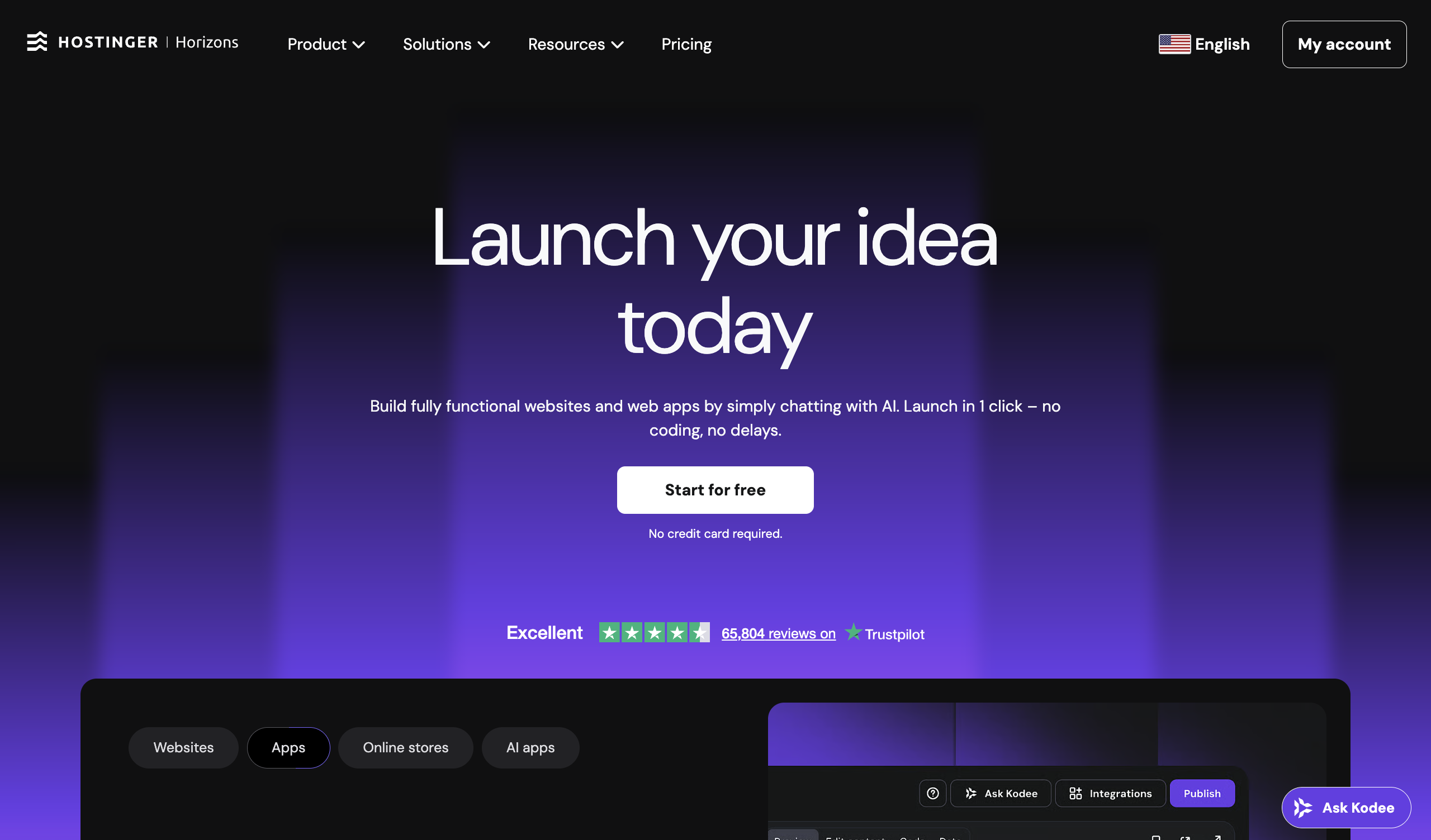 Hostinger Horizons homepage