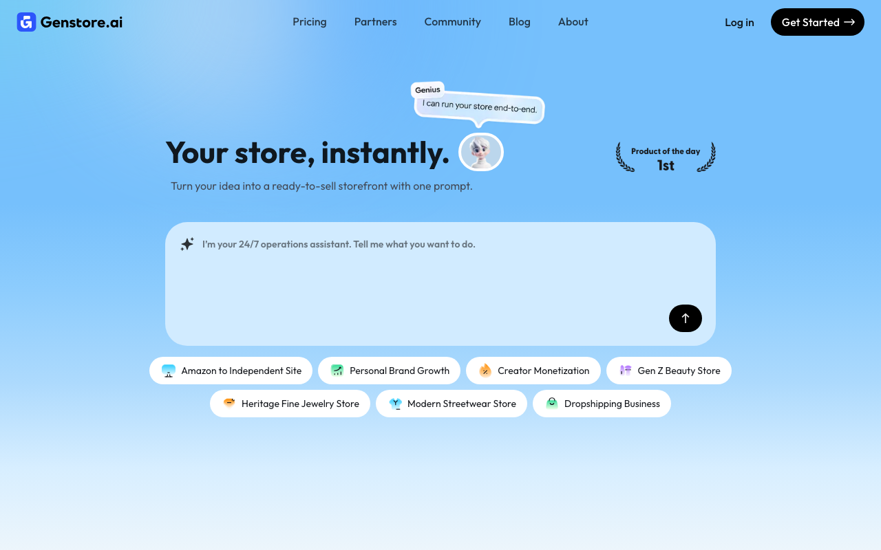 Genstore AI homepage showing the chat interface with the Genius agent and one-prompt store builder