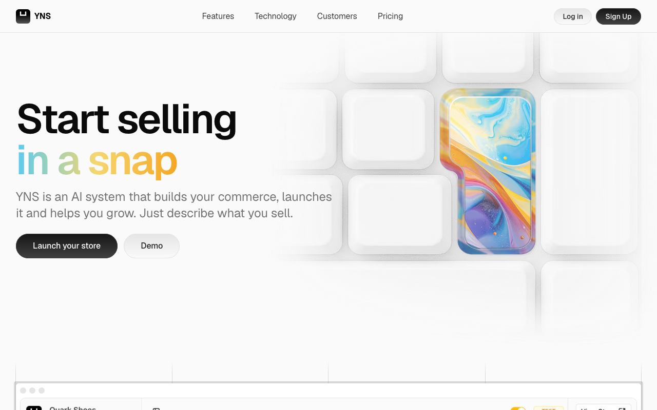 Your Next Store homepage showing AI-powered ecommerce platform