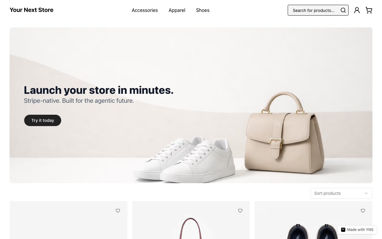 YNS demo storefront showing product grid with categories and search