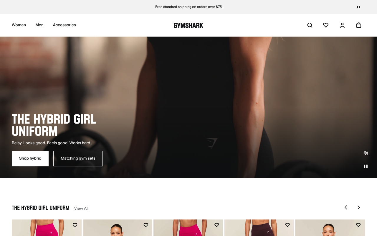 Gymshark's homepage featuring athlete-led hero content and a community-driven product story rather than a traditional studio catalog shoot
