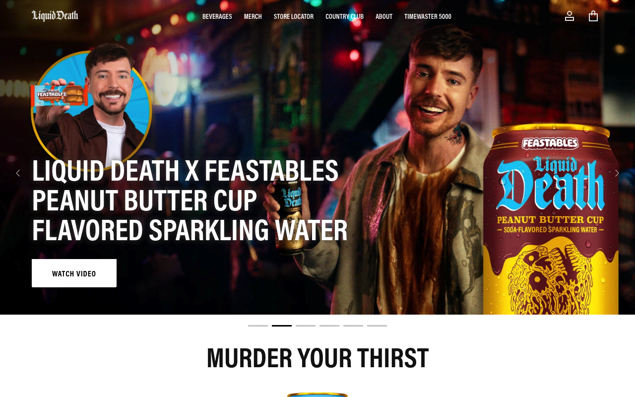 Liquid Death's homepage, an irreverent beverage brand built almost entirely on shareable, self-aware social content rather than traditional advertising