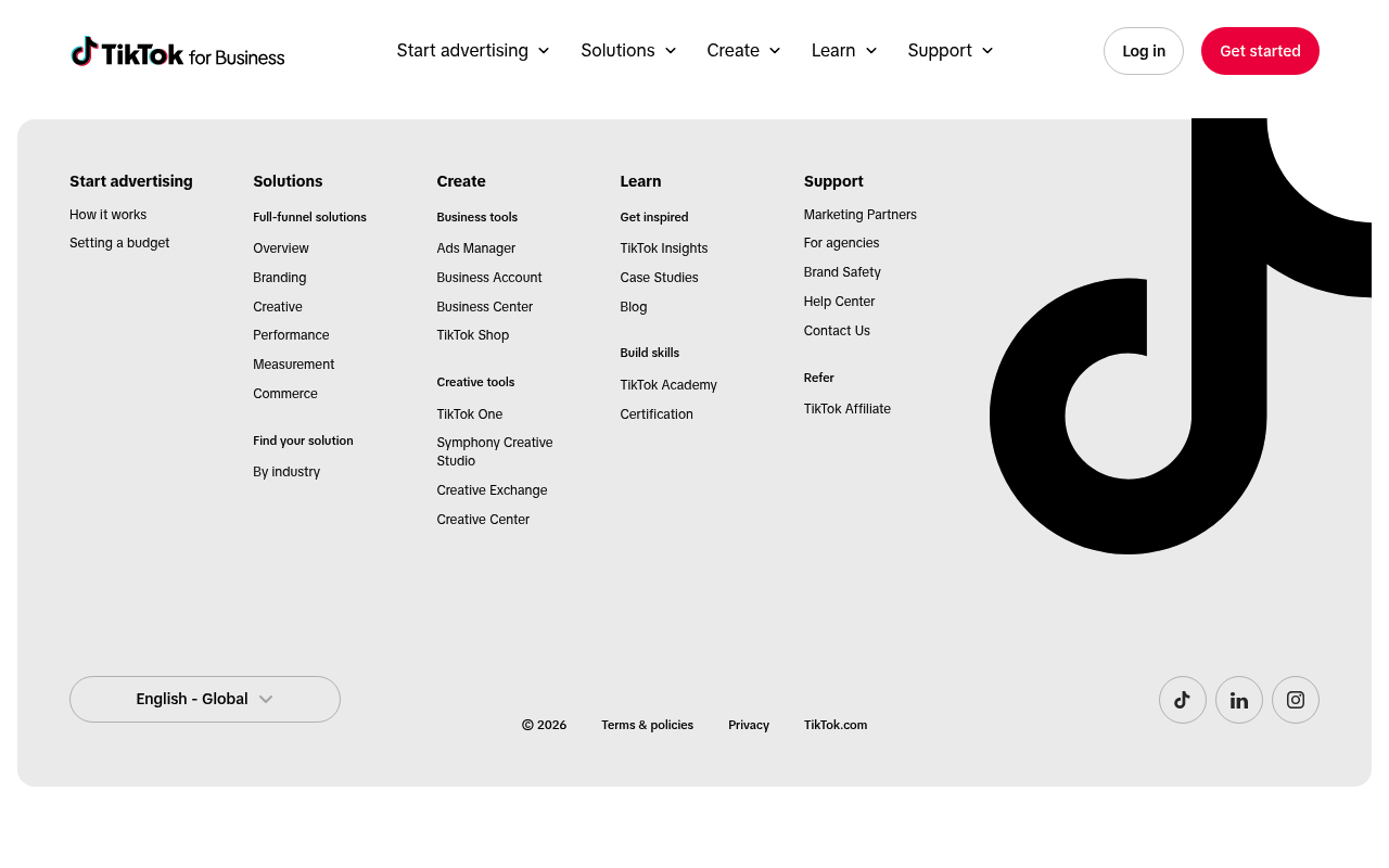 TikTok for Business homepage showing navigation to TikTok Shop, creative tools, and full-funnel commerce solutions