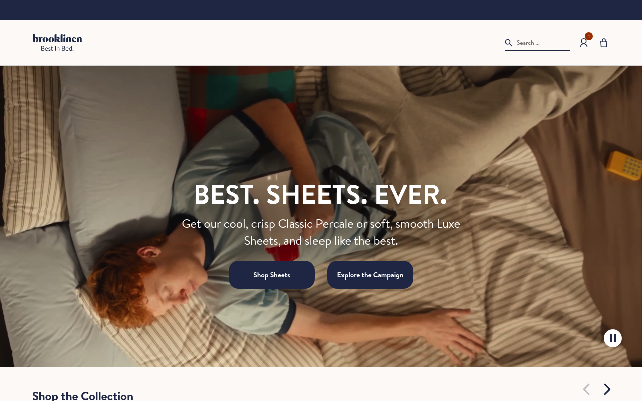 The Brooklinen homepage, a DTC bedding brand built around two core fabrics and one clear promise