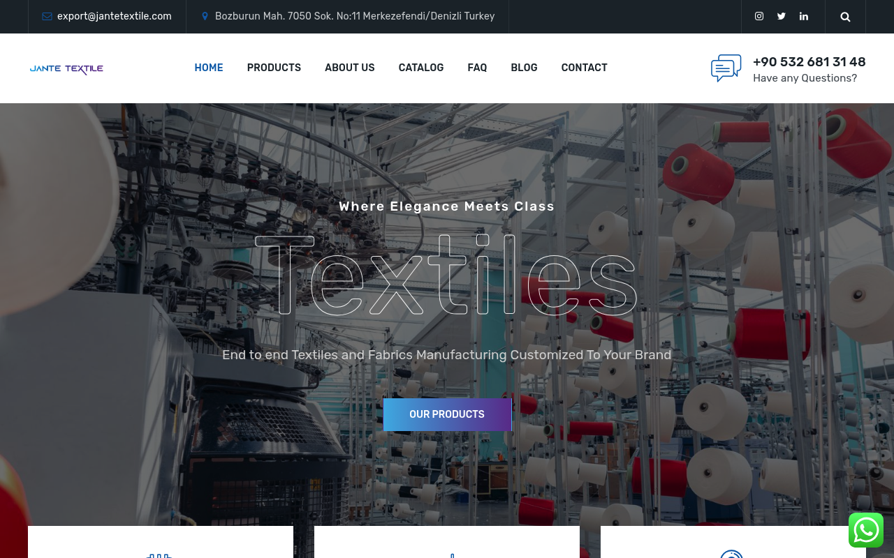 The Jante Textile homepage, a Denizli, Turkey-based bed linen manufacturer offering custom private-label production
