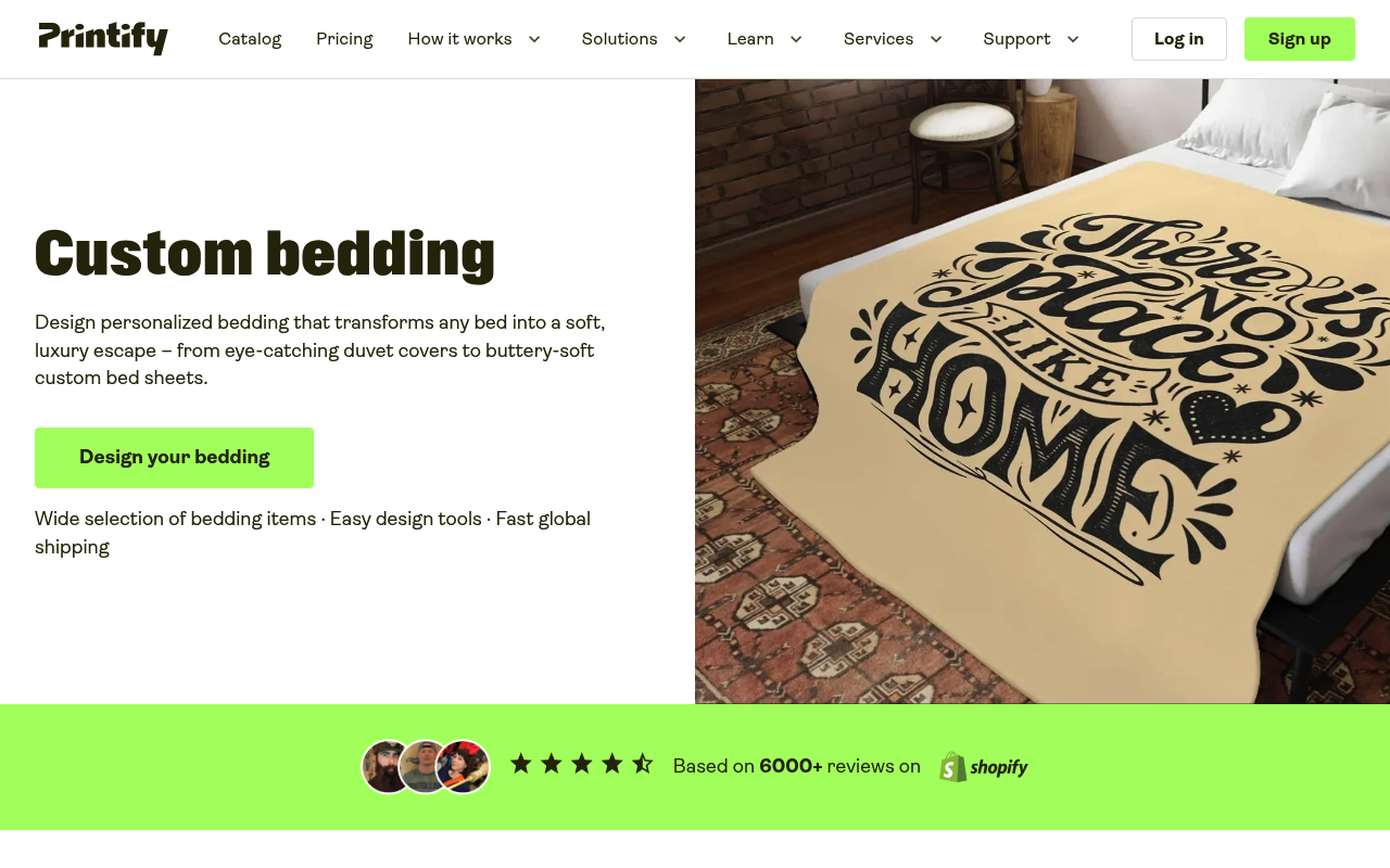 Printify's custom bedding product page, a print-on-demand option with no minimum order quantity