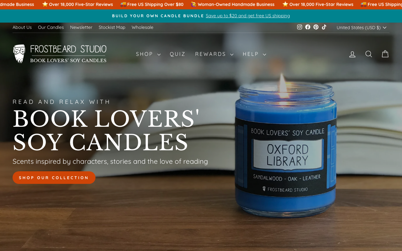 Frostbeard Studio homepage, a candle brand themed around books and literature