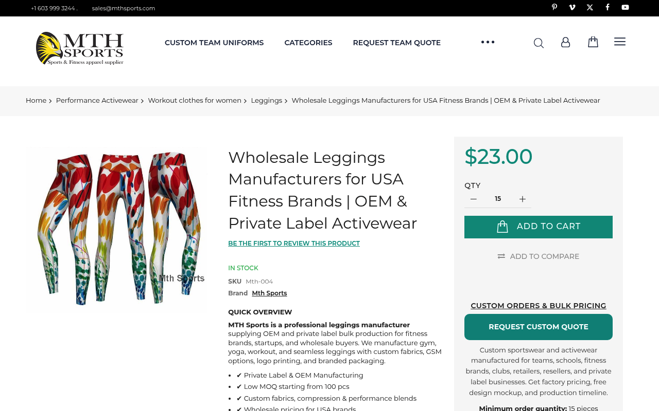 The MTH Sports wholesale leggings manufacturer page, showing private label and OEM activewear manufacturing with a low minimum order quantity