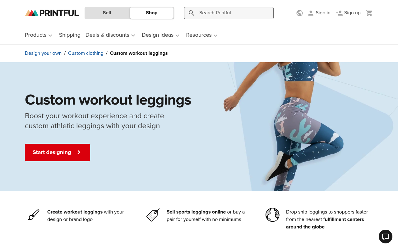The Printful workout leggings product page, showing custom activewear with no minimum order quantity