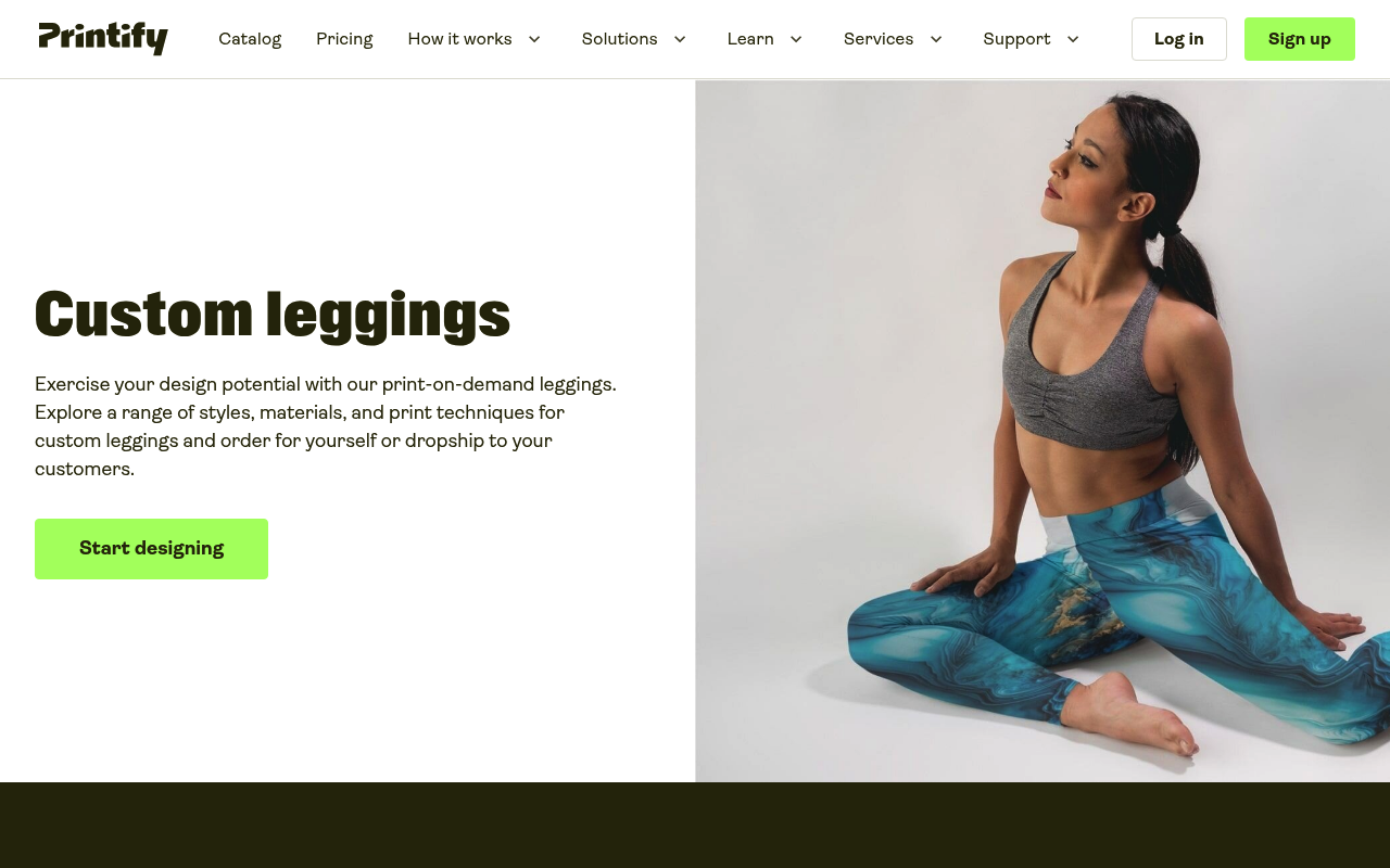 The Printify custom leggings catalog, showing all-over-print activewear designs