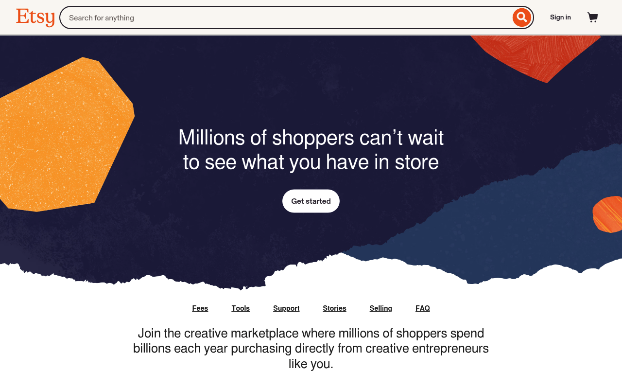 Etsy's seller sign-up page