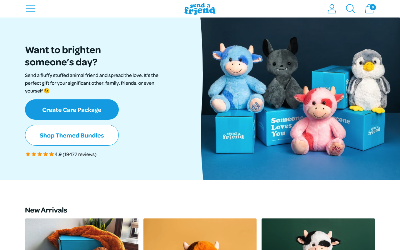 SendAFriend's homepage, built around one specific gifting moment