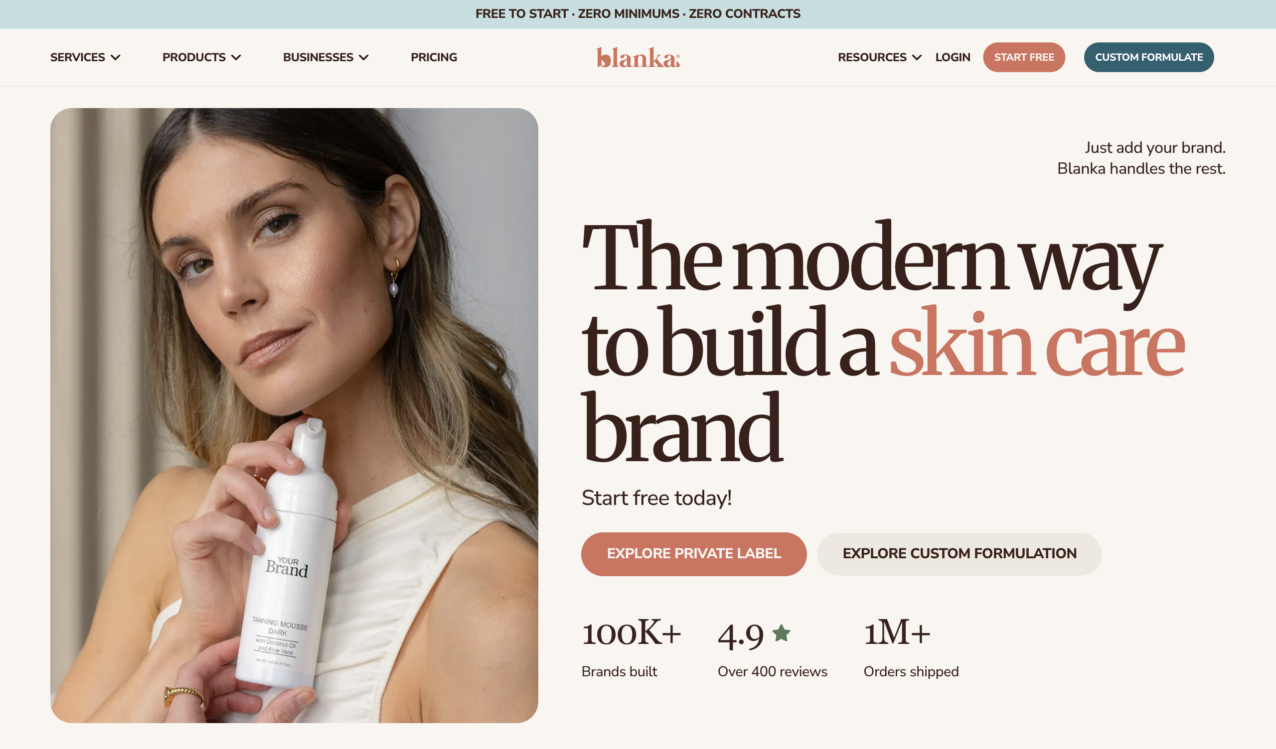 Blanka homepage, a low-minimum private-label skincare and beauty supplier for new brands