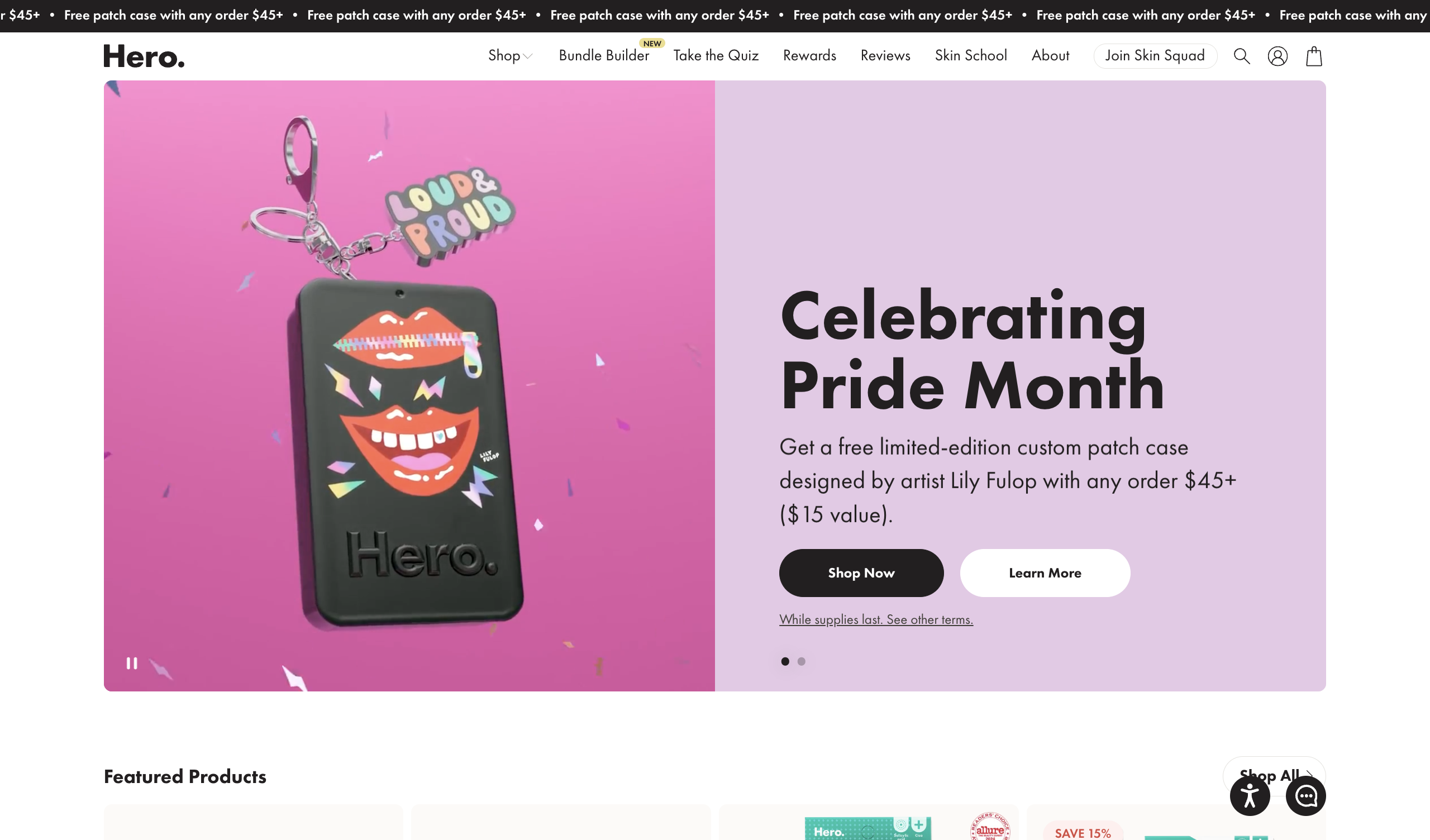 Hero Cosmetics homepage, a skincare brand that started with a single pimple-patch product