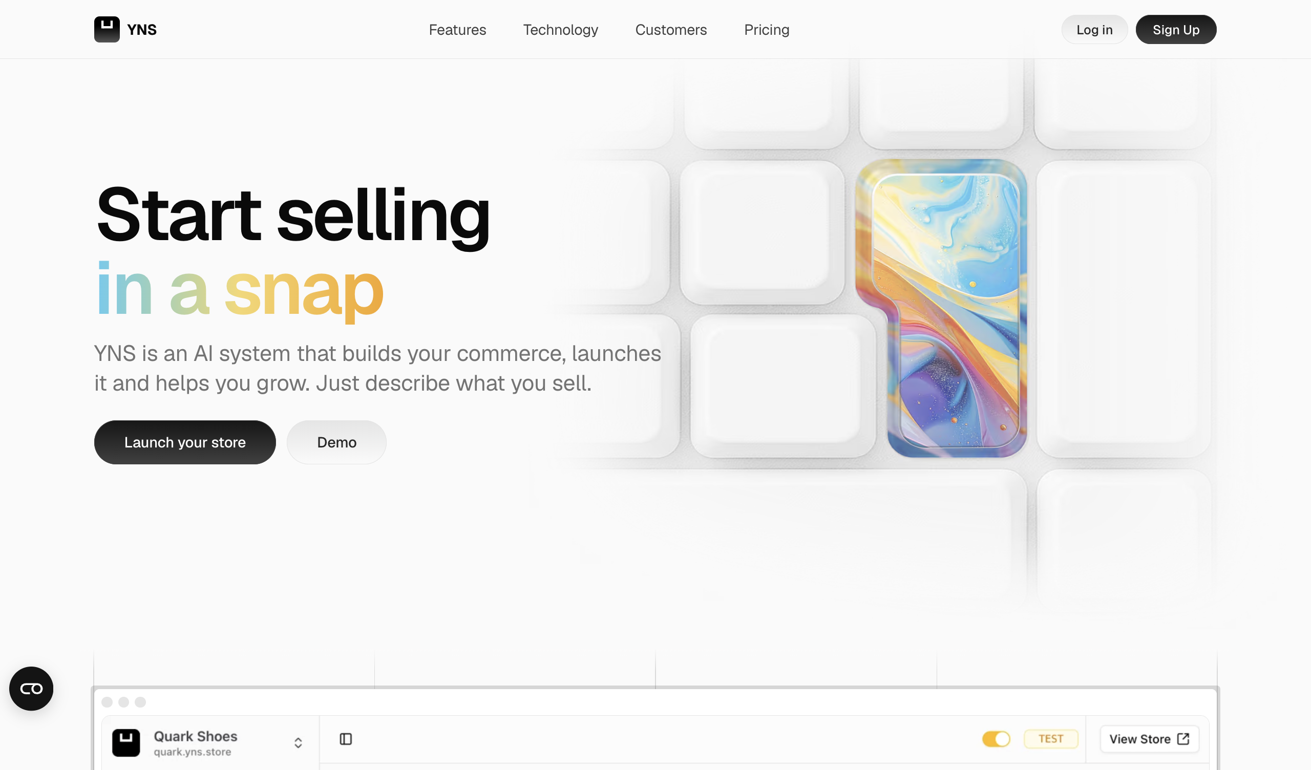 Your Next Store homepage, a modern AI-powered online store builder