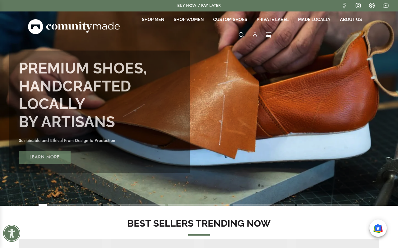 ComunityMade homepage, a private label footwear manufacturer offering small-batch production
