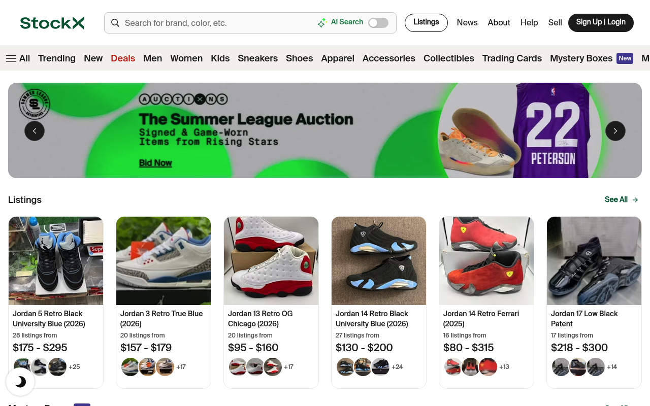 StockX homepage, a resale marketplace that shows real-time sneaker resale pricing