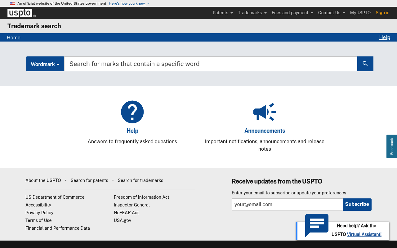 USPTO trademark search tool, used to check whether a brand name is already taken