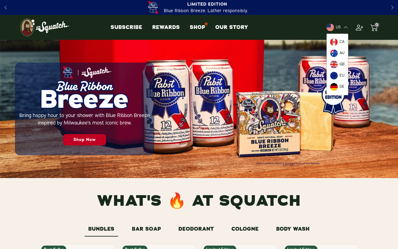 Dr. Squatch's homepage, targeting men who don't want a lavender-scented bar