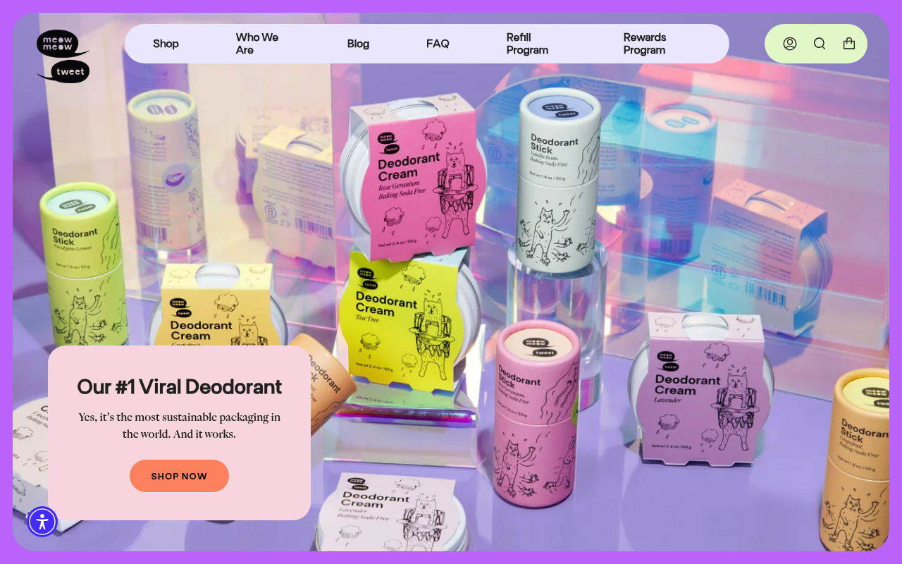 Meow Meow Tweet's homepage, built around zero-waste, palm-oil-free personal care