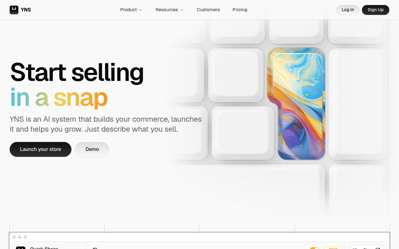 Your Next Store's homepage, an AI-powered ecommerce builder with 0% platform transaction fees