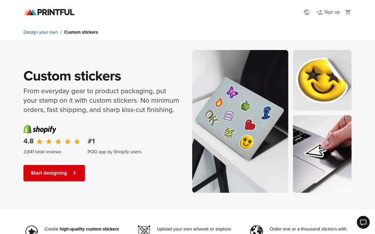 Printful's custom stickers product page, showing no minimum orders and kiss-cut finishing