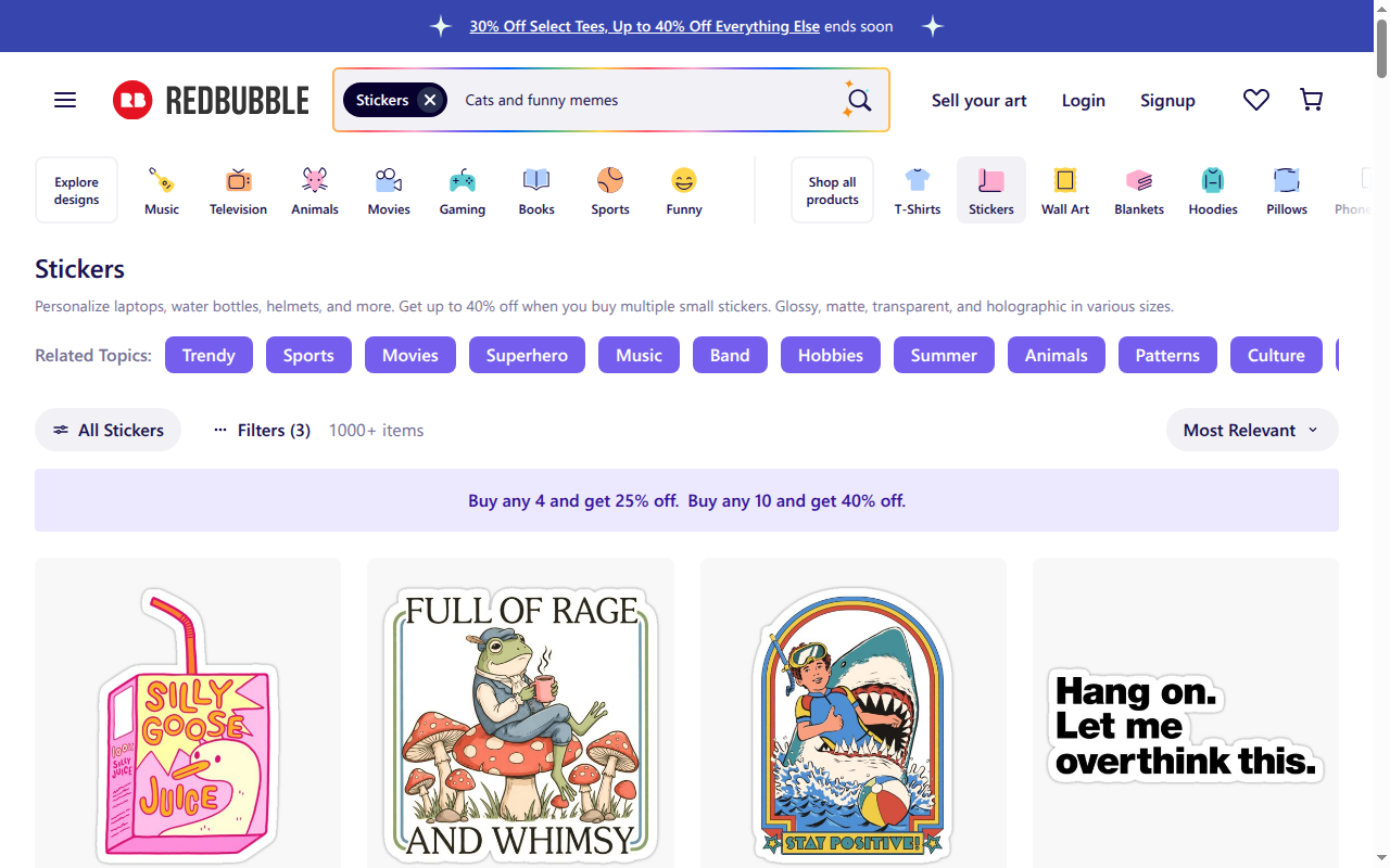 Redbubble's sticker marketplace, a print-on-demand platform where sellers upload art and keep a margin per sale