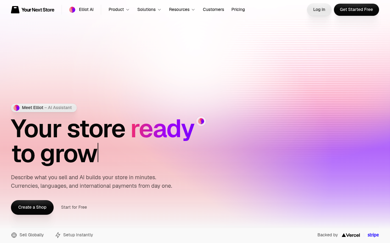 Your Next Store's homepage, showing the AI-powered store builder