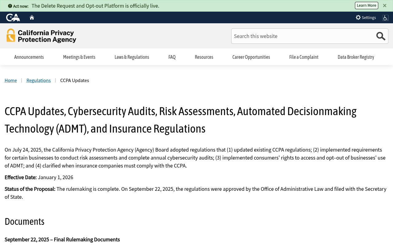 California Privacy Protection Agency's official page detailing the CCPA Automated Decisionmaking Technology regulations effective January 1, 2026
