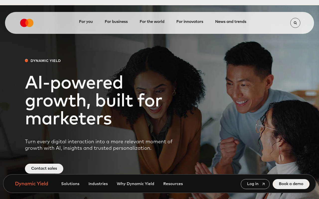 Dynamic Yield's homepage, now operated under Mastercard, describing its AI-powered personalization platform for marketers