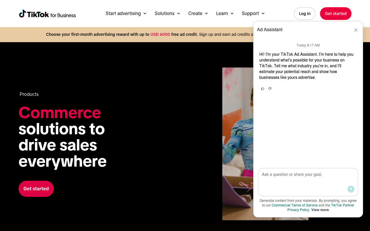 TikTok for Business ecommerce solutions page describing commerce tools for driving sales across TikTok