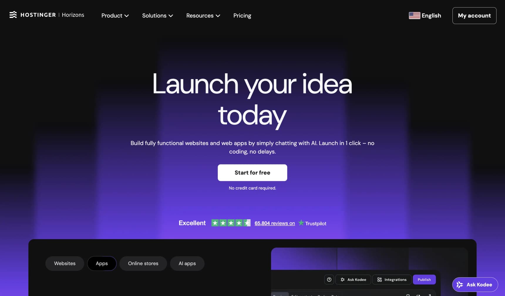 Hostinger Horizons homepage