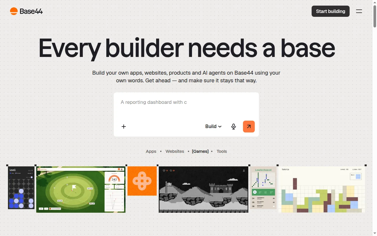 Base44 homepage in September 2026, showing the tagline "Every builder needs a base" and a chat box for describing an app