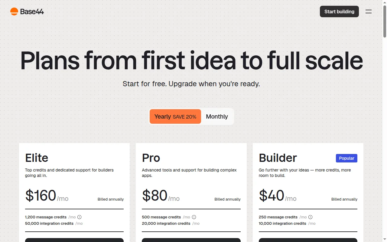 Base44's pricing page in September 2026, showing Elite at $160/mo, Pro at $80/mo, and Builder at $40/mo on annual billing
