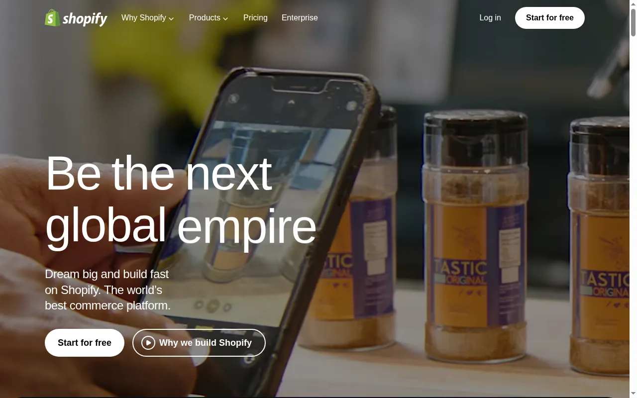 Shopify homepage, the established ecommerce platform with a "Start for free" call to action