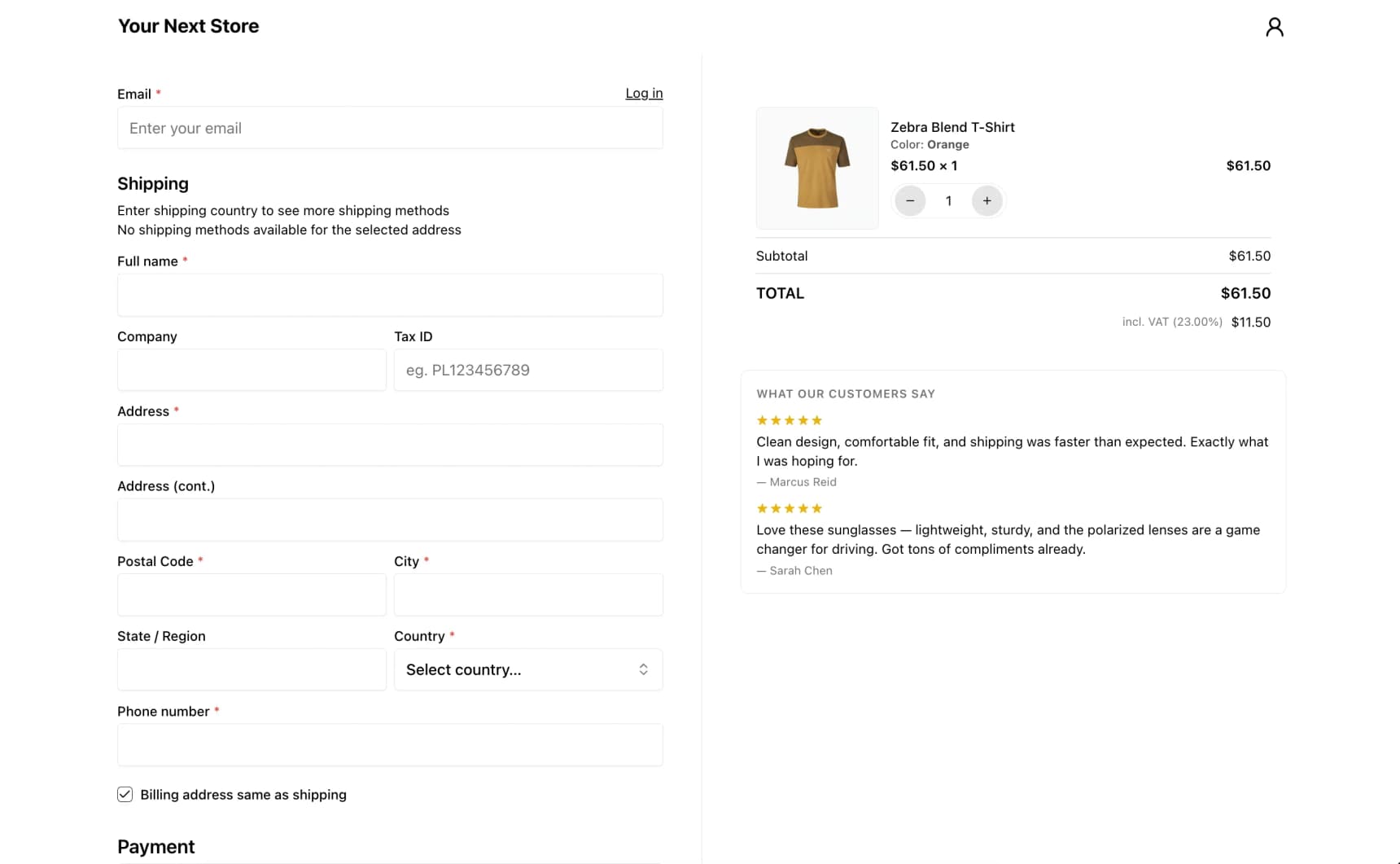 YNS checkout page on the demo store, with single full-name field, postal-code-to-city derivation, inclusive tax breakdown, and the Stripe payment element