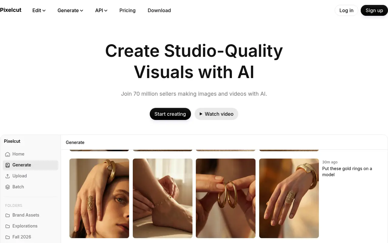 Pixelcut homepage showing AI-generated studio-quality product visuals