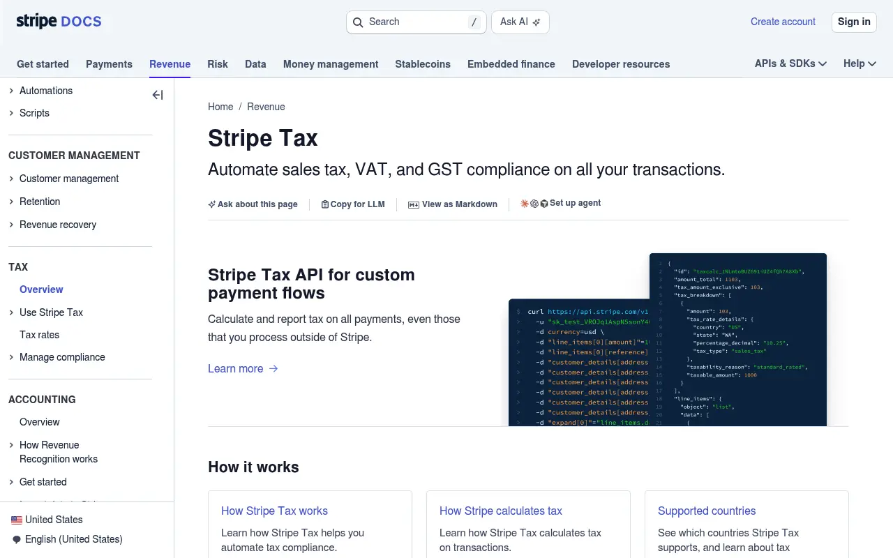 Stripe Tax documentation page describing automated sales tax, VAT and GST