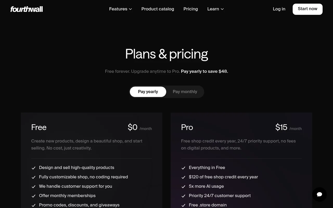 Fourthwall pricing page comparing the Free and Pro plans