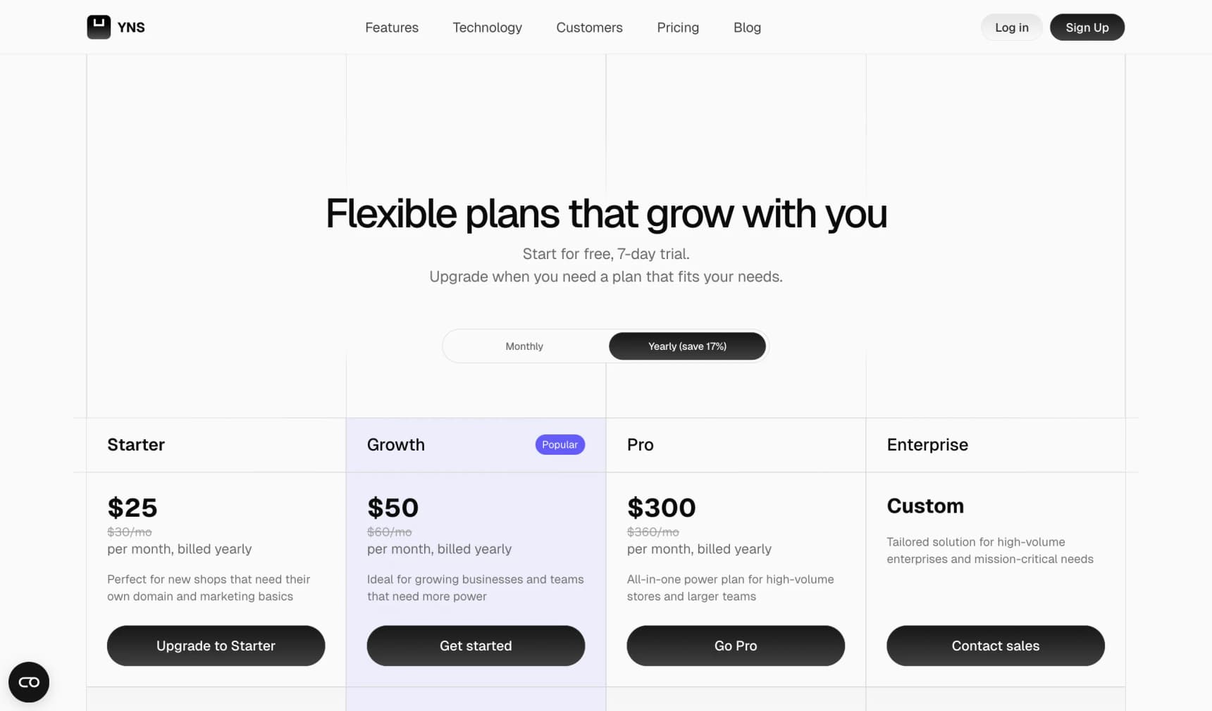 Your Next Store pricing page showing Starter $25, Growth $50, Pro $300 per month on yearly billing