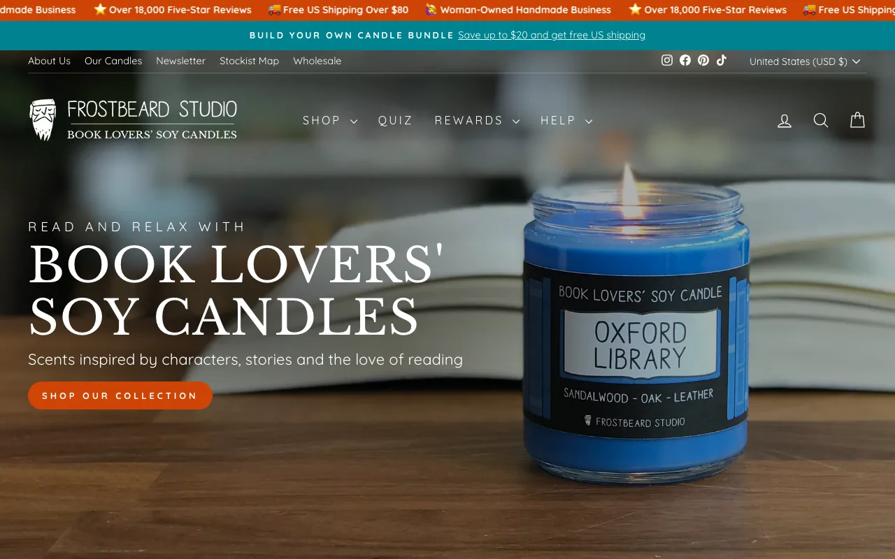 Frostbeard Studio homepage, a candle brand themed around books and literature