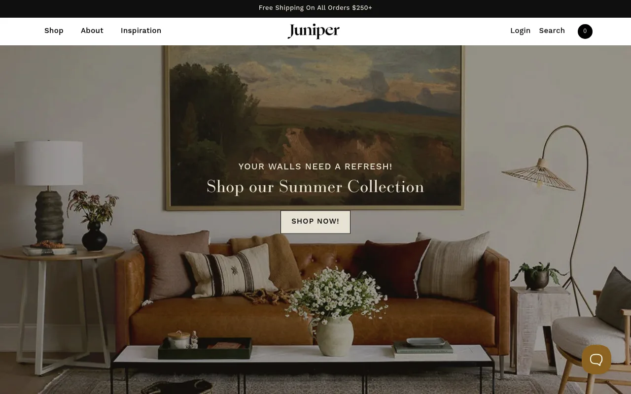 Juniper Print Shop homepage, an art print and wall decor brand that sells through styled room photography