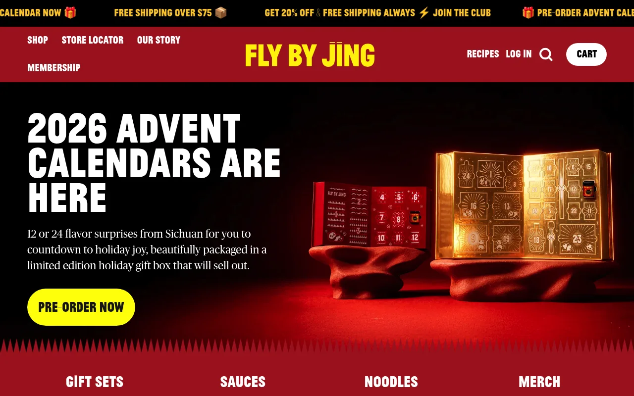 Fly By Jing homepage, a Sichuan-inspired chili sauce brand with a bold red and yellow identity