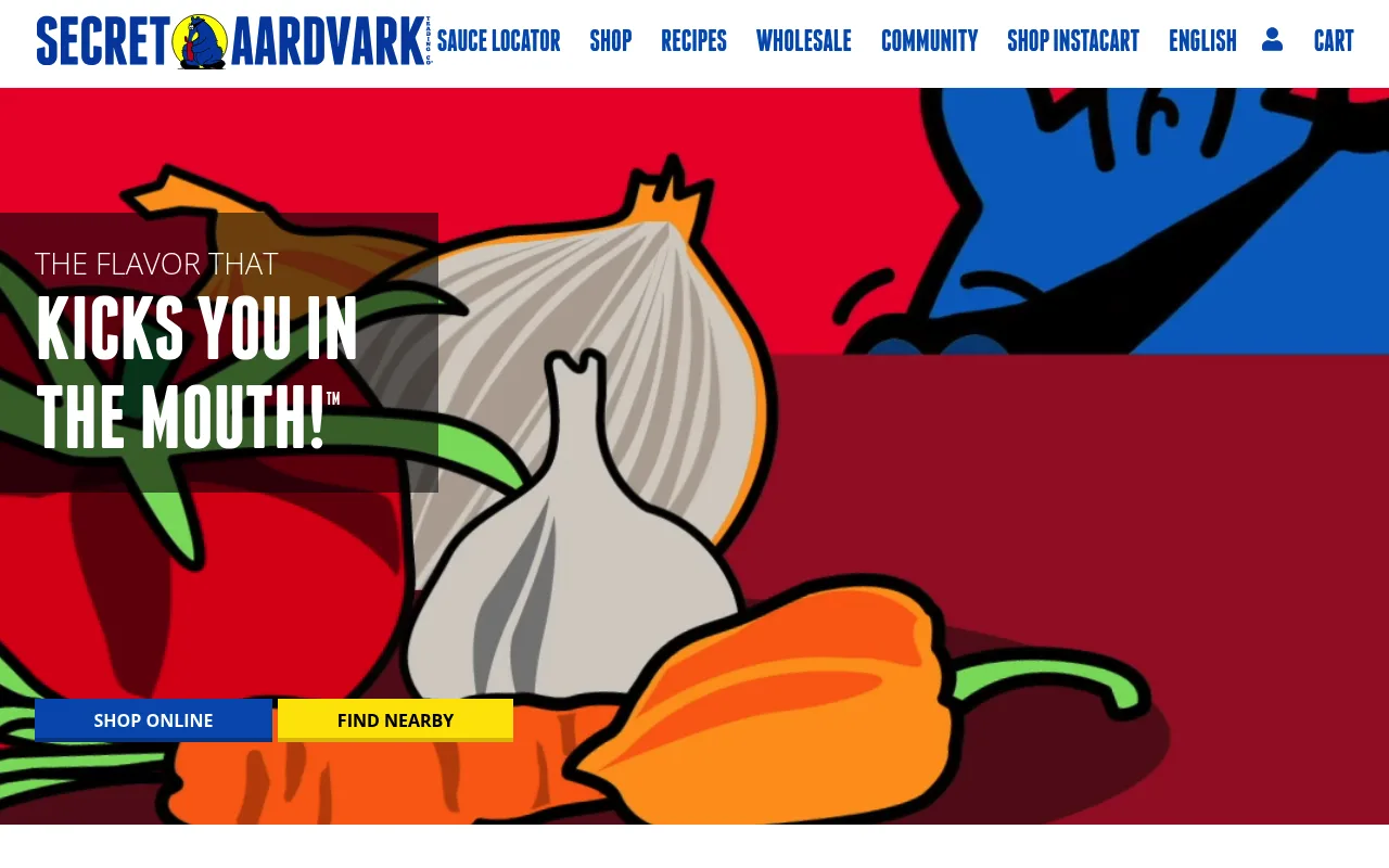 Secret Aardvark homepage, a hot sauce brand with a bold illustrated label and a store locator