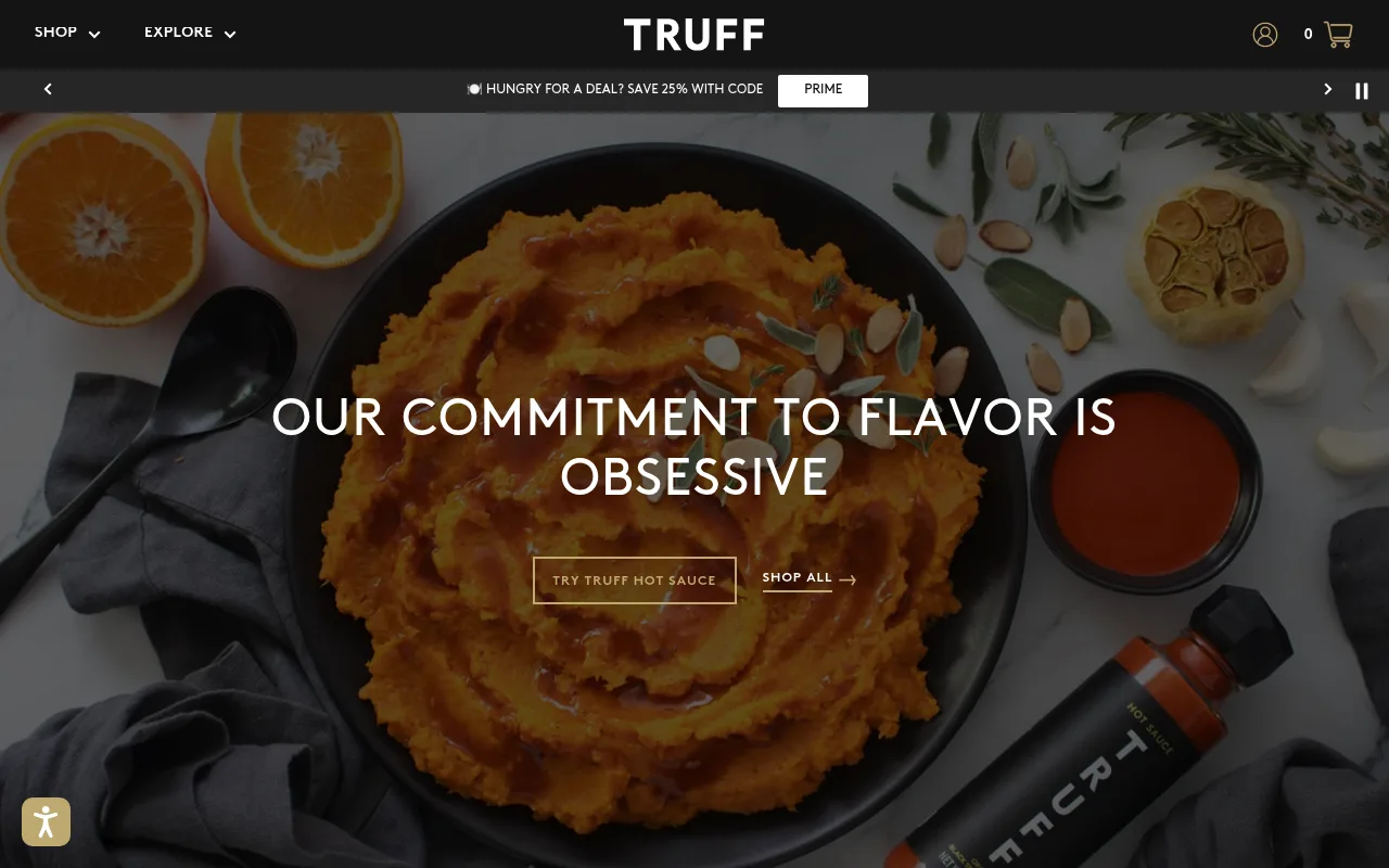 Truff homepage, a premium hot sauce brand built around black truffle and food photography