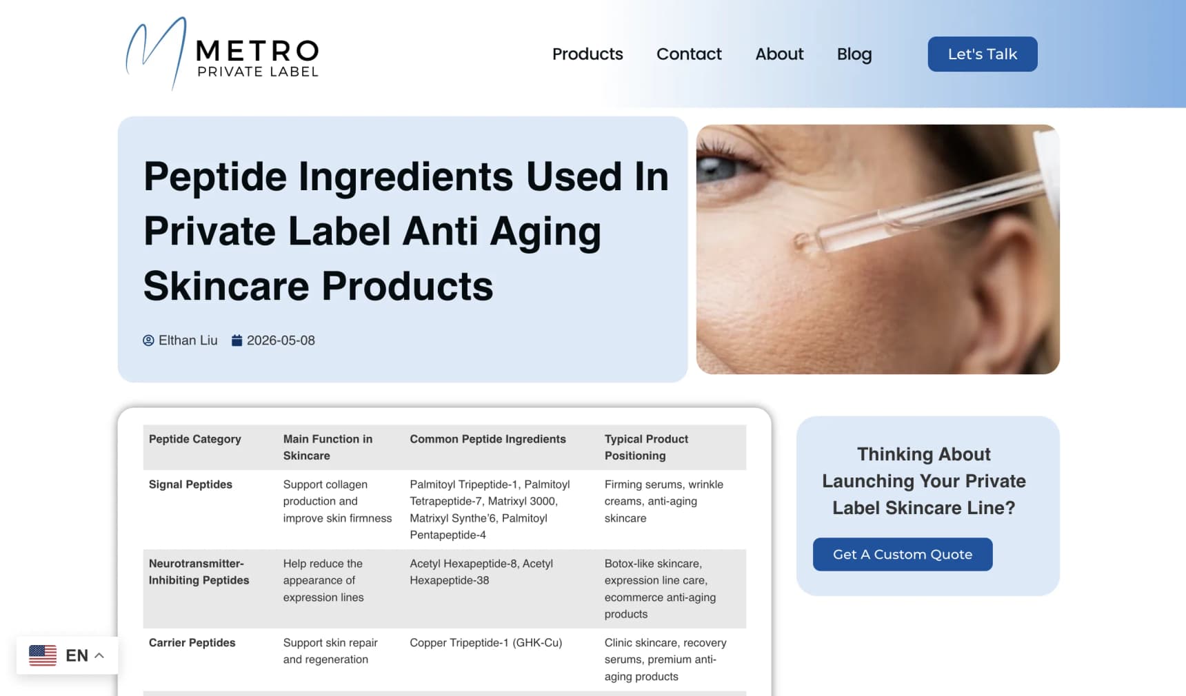 A private-label peptide skincare supplier page showing common cosmetic peptides like Matrixyl and copper peptides