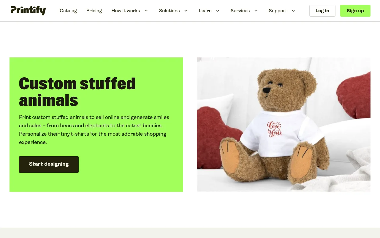 Printify's custom stuffed animal product catalog showing plush toy templates ready for branding