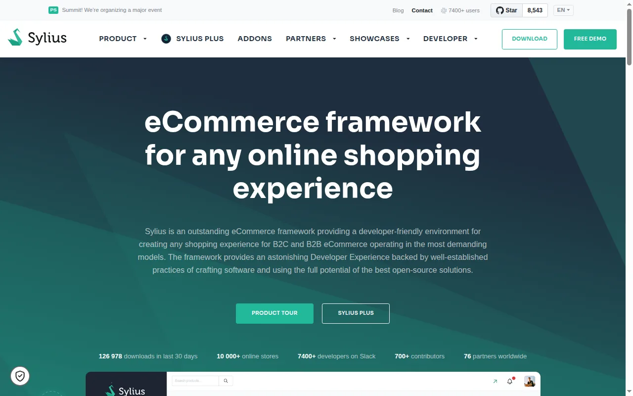 Sylius homepage, showing its eCommerce framework positioning with GitHub stars and download counts