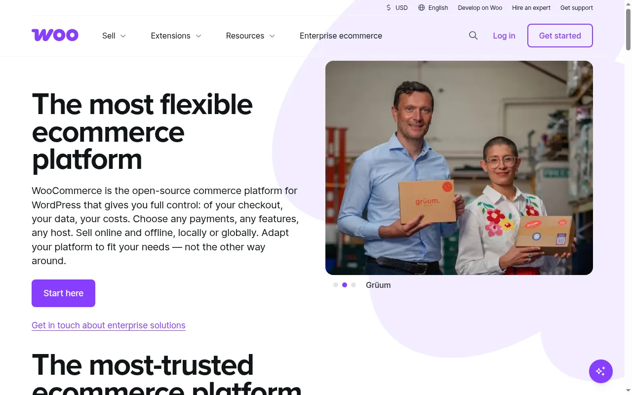 WooCommerce homepage, showing its WordPress-native ecommerce positioning