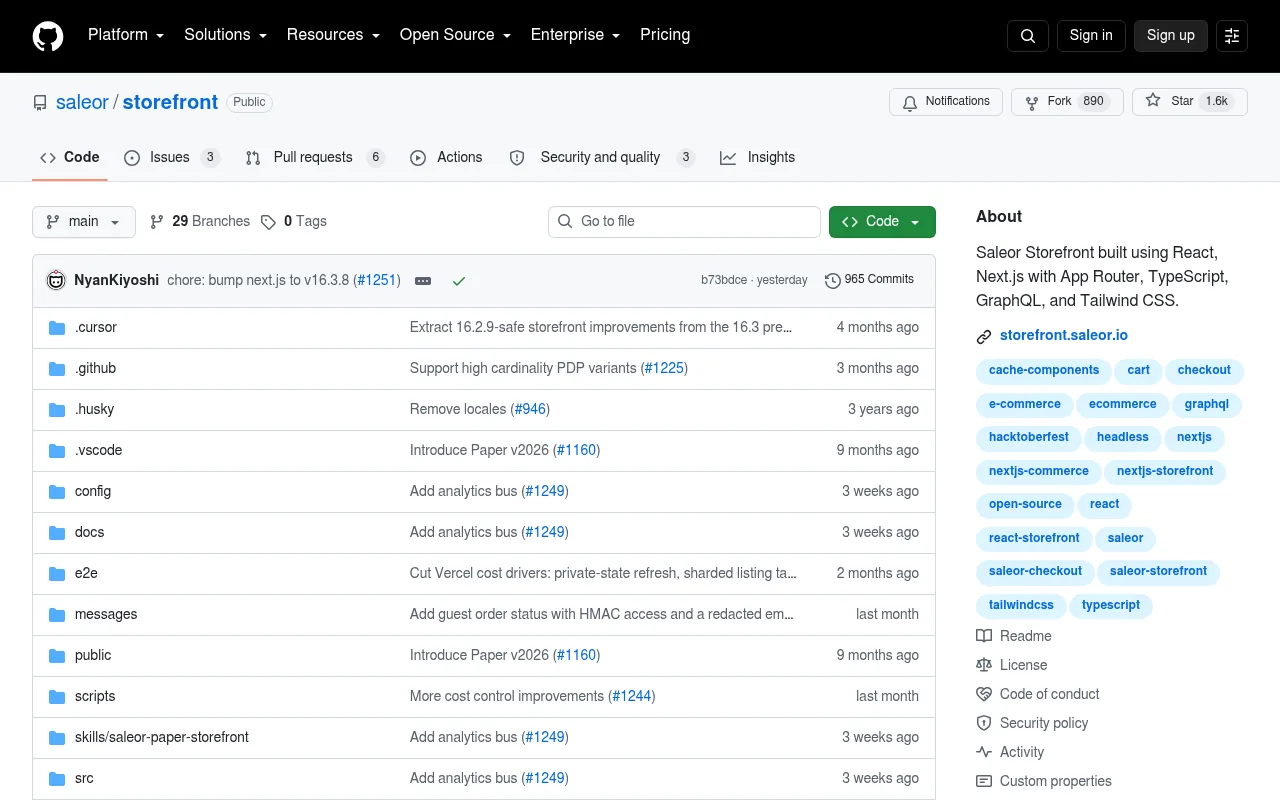 Saleor's Next.js storefront repository on GitHub